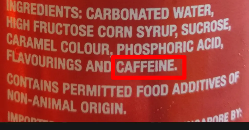 soda ingredient list showing caffeine